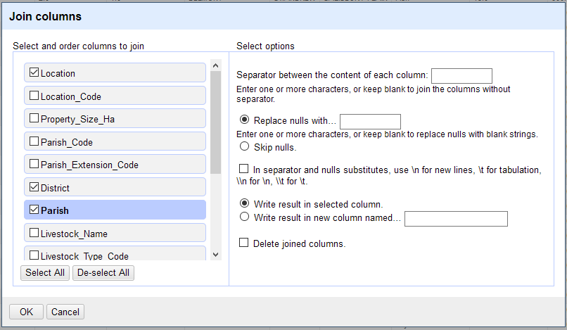 A screenshot of the settings window for joining columns.