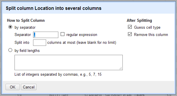 A screenshot of the settings window for splitting columns.