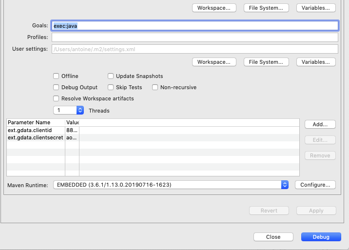 Screenshot of Eclipse debug configuration