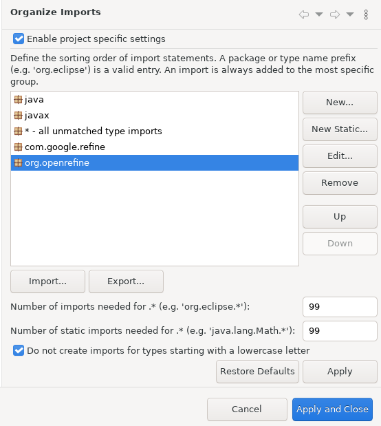 Screenshot of the dialog to configure import order in Eclipse