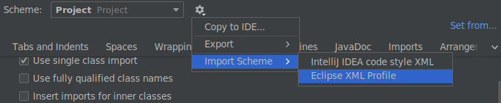 Screenshot of importing an Eclipse style file in IntelliJ