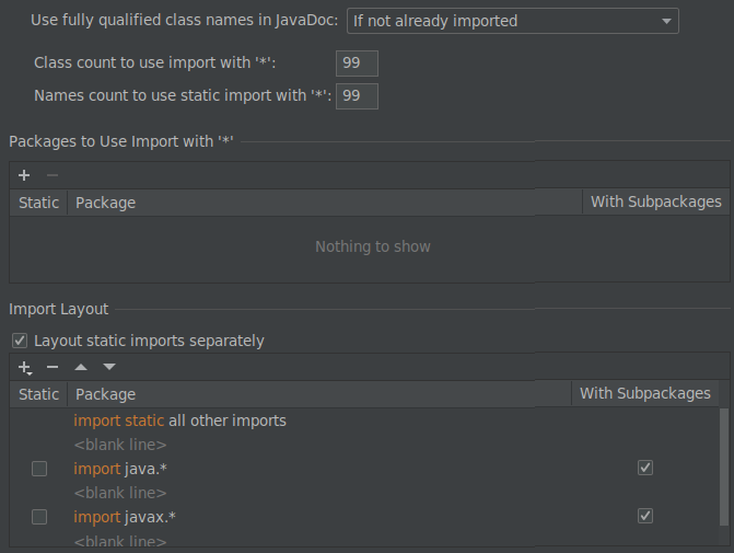 Screenshot of import order settings in IntelliJ