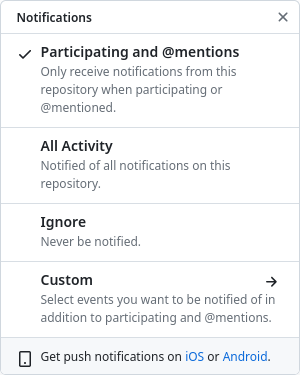 Screenshot of notification settings on GitHub, where &#39;Participating and mentions&#39; is selected