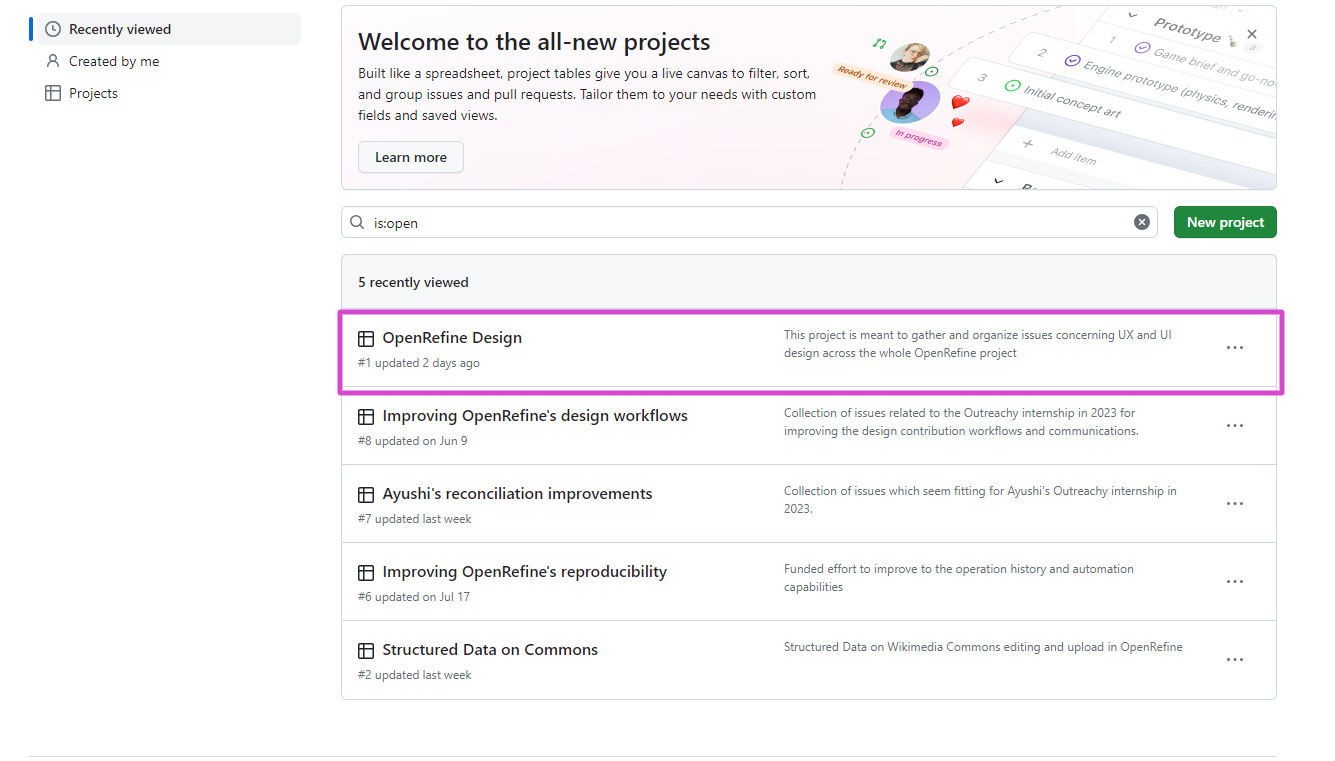 This is a screenshot showing the design project in the OpenRefine GitHub repository