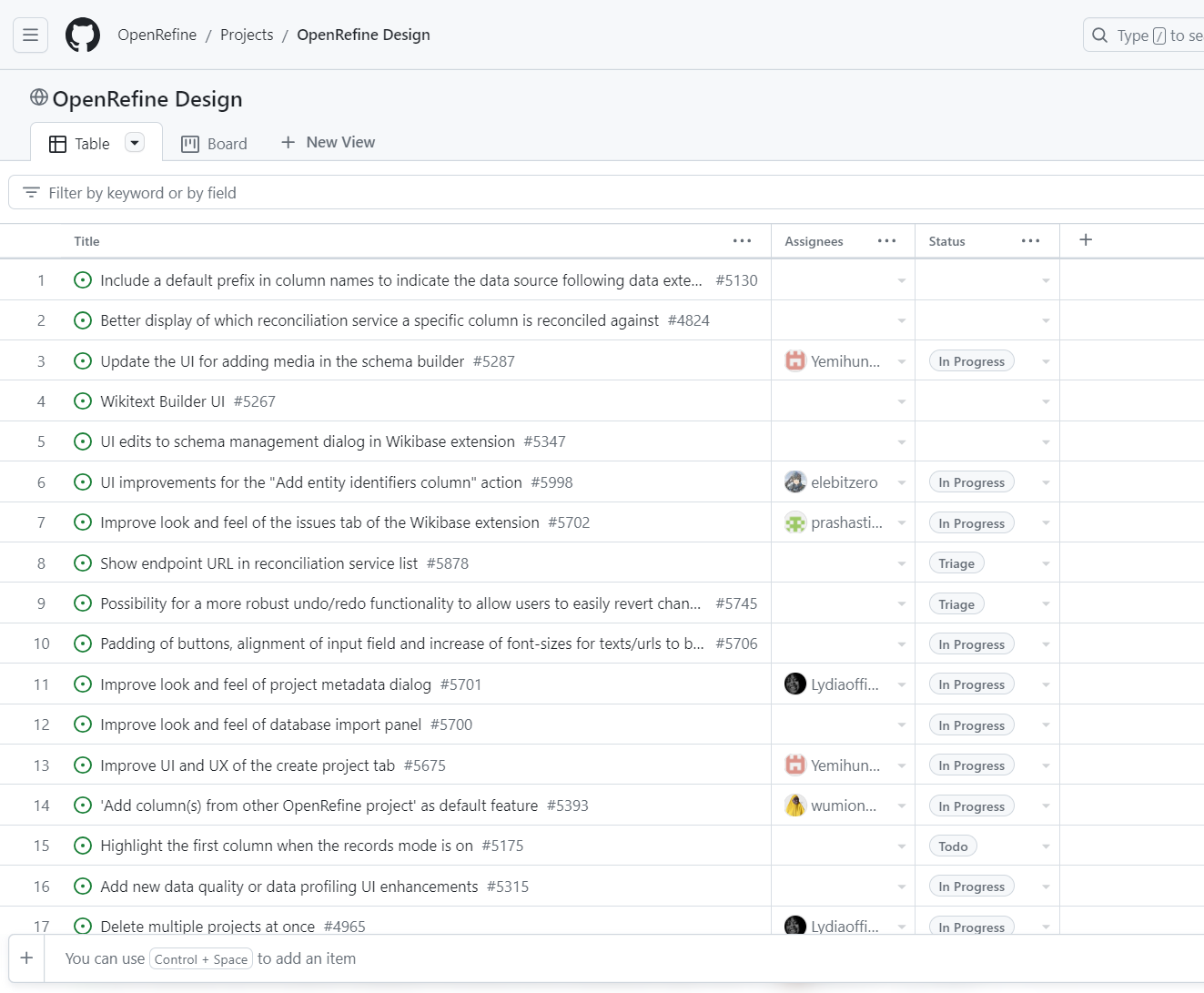 This screenshot shows the OpenRefine design project in list view