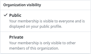 Screenshot of the two visibility choices (private and public) for organization membership on GitHub