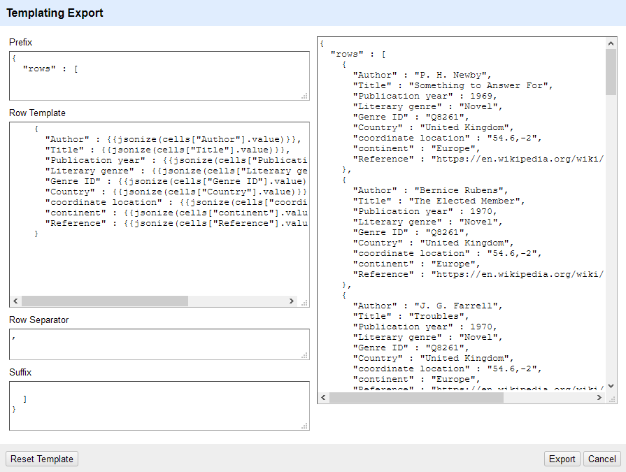 A screenshot of the Templating exporter generating JSON by default.
