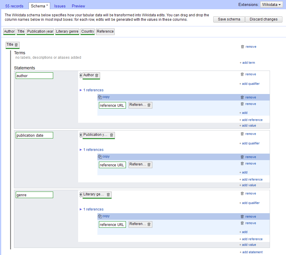 A screenshot of the schema construction window in OpenRefine.
